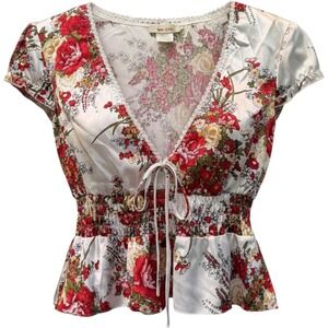 Coquette Peplum Top V-Neck Lace Trim Smocked Waist Red Cream Medium